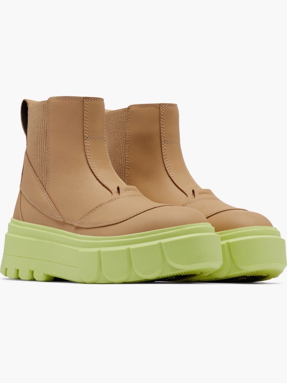 Sorel Caribou X Waterproof Platform Chelsea Boot Tan & Neon Green Women’s